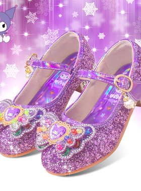 紫色库洛米女童高跟鞋春秋新款小女孩公主鞋水晶单鞋软底儿童皮鞋