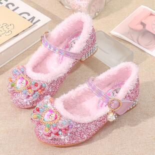 女童爱莎高跟鞋公主鞋软底艾莎儿童新款冰雪奇缘水晶鞋加绒棉皮鞋