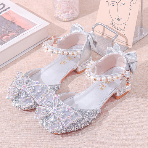 女童高跟鞋公主皮鞋银色水晶凉鞋
