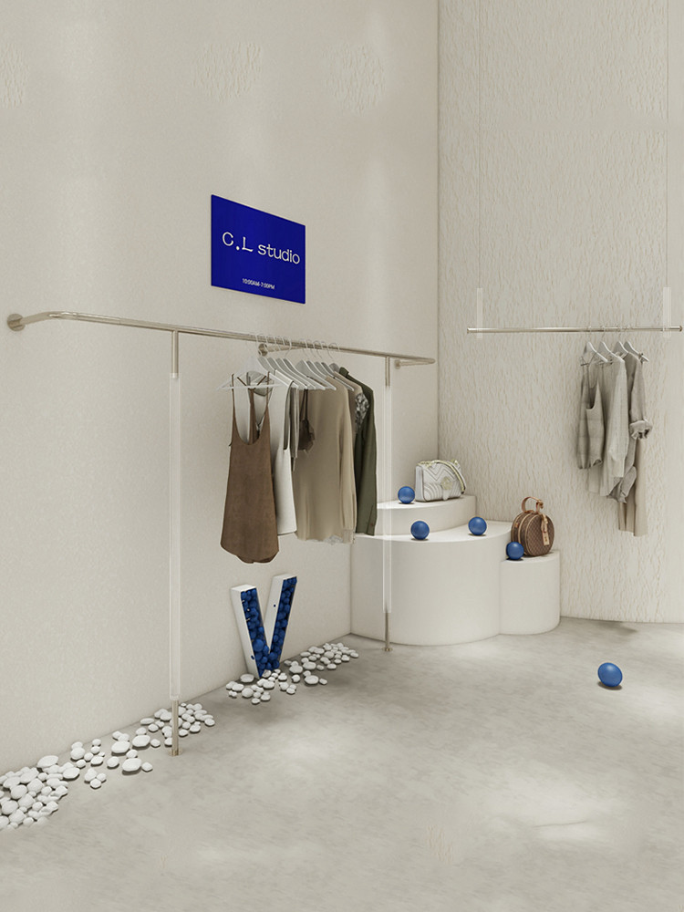 服装店展示架上墙不锈钢货架靠墙侧陈列架亚克力挂衣杆女装店专用