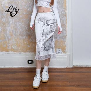 ALazyPig黑白印花蕾丝拼接鱼尾半裙女秋季新品抽绳修身垂坠半身裙