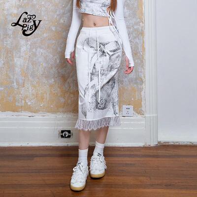 黑白印花蕾丝修身百搭鱼尾半身裙