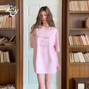 长款 新品 甜酷休闲百搭上衣 T恤女夏季 ALazyPig字母宽松慵懒短袖
