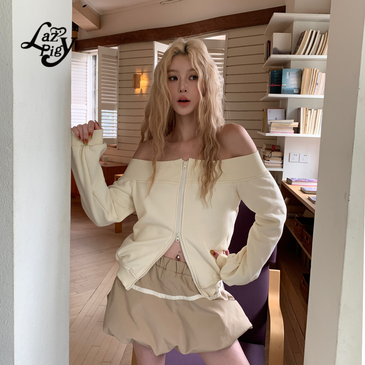 一字肩卫衣外套女显锁骨肩颈线