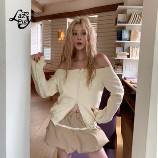 ALazyPig一字肩卫衣外套女25秋新品 上衣 显锁骨肩颈线甜美少女开衫