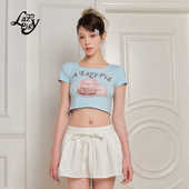 ALazyPig方领猪猪印花短袖 辣妹内搭短上衣 短款 T恤女夏季 弹力修身