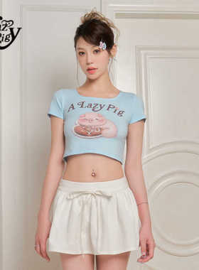 ALazyPig方领猪猪印花短袖T恤女夏季弹力修身短款辣妹内搭短上衣