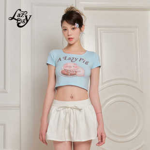 短款 弹力修身 辣妹内搭短上衣 T恤女夏季 ALazyPig方领猪猪印花短袖