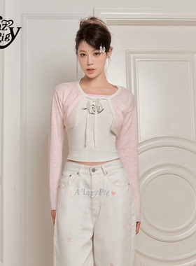 ALazyPig系带短款针织开衫女夏季新款粉色甜美长袖全棉舒适短上衣