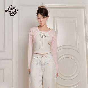 粉色甜美长袖 ALazyPig系带短款 新款 女夏季 全棉舒适短上衣 针织开衫