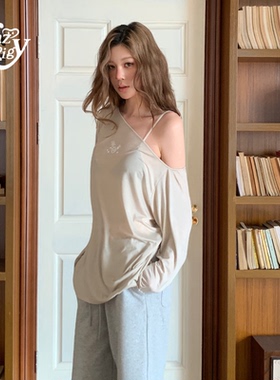 ALazyPig慵懒斜肩长袖T恤女秋新品辣妹露肩轻薄宽松弹力打底上衣