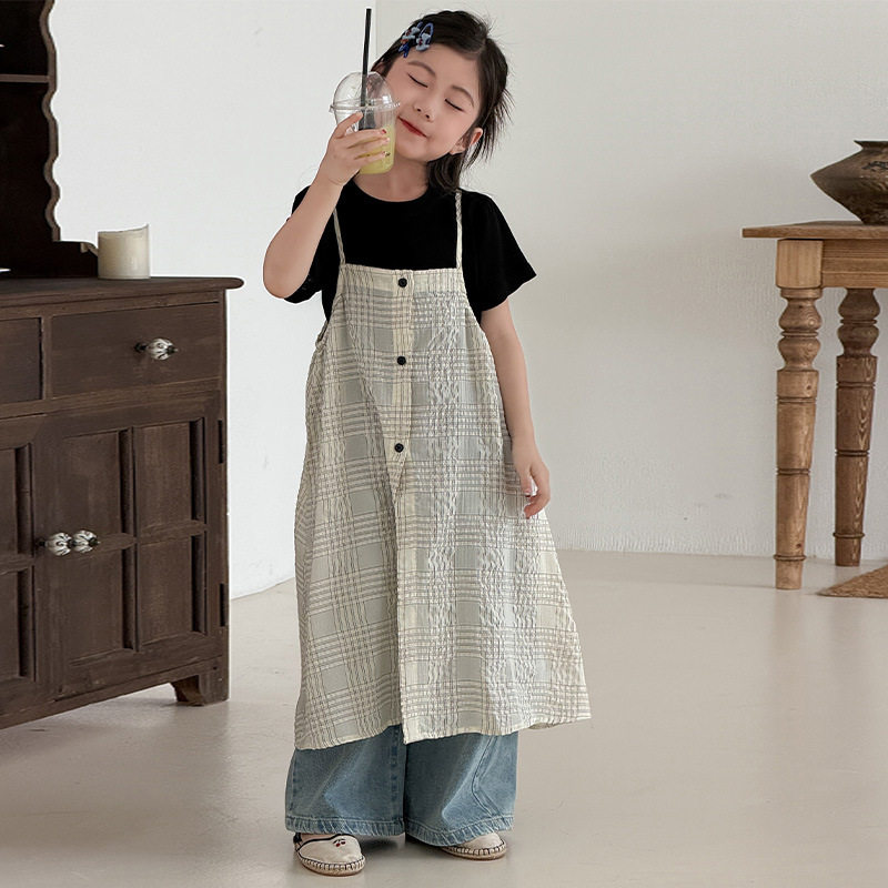 2026夏装新款女童韩版简约短袖T恤格子吊带裙衬裙百搭牛仔裤套装