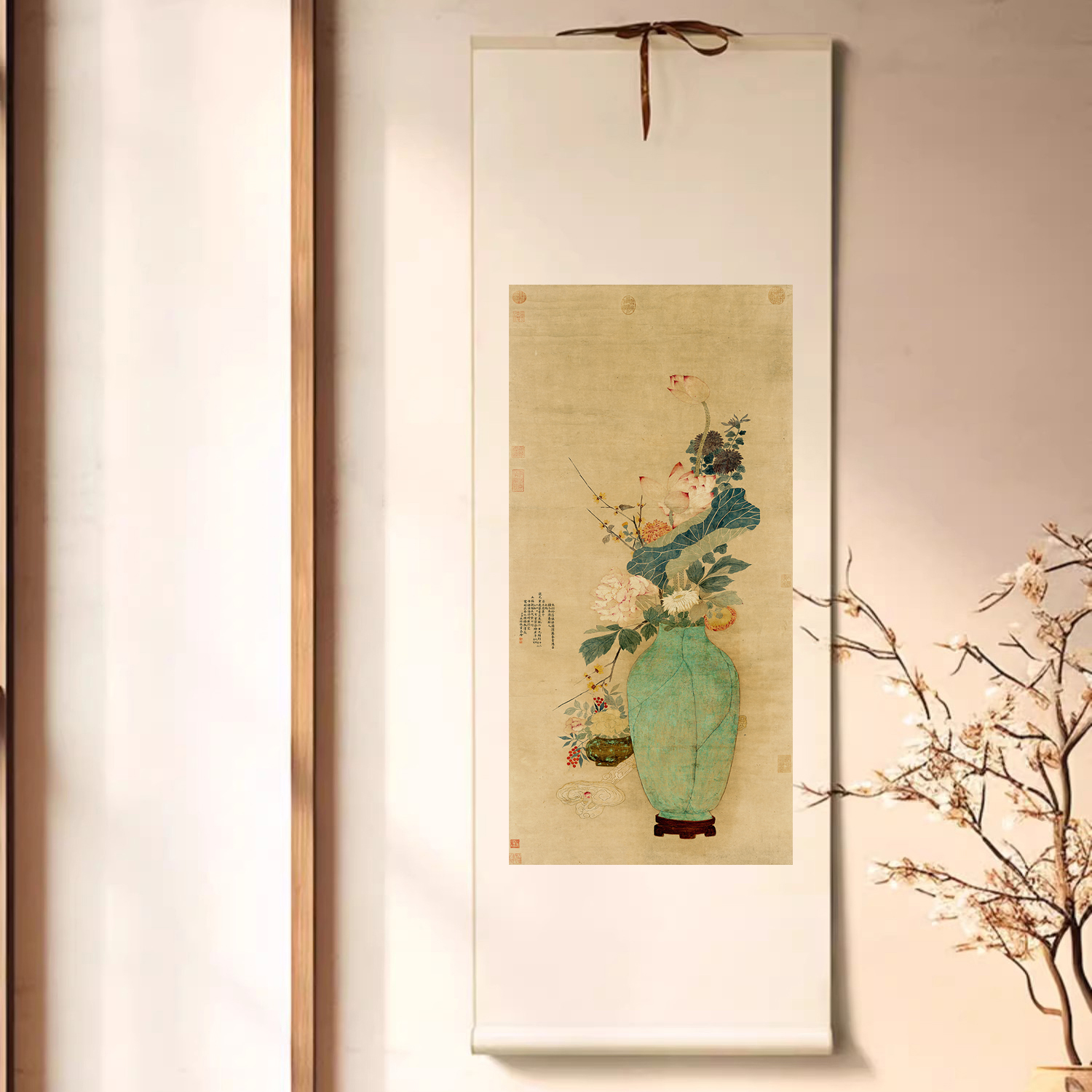 清永瑢岁朝清供图花瓶工笔花鸟画卷轴字画客厅玄关装饰画复古挂画