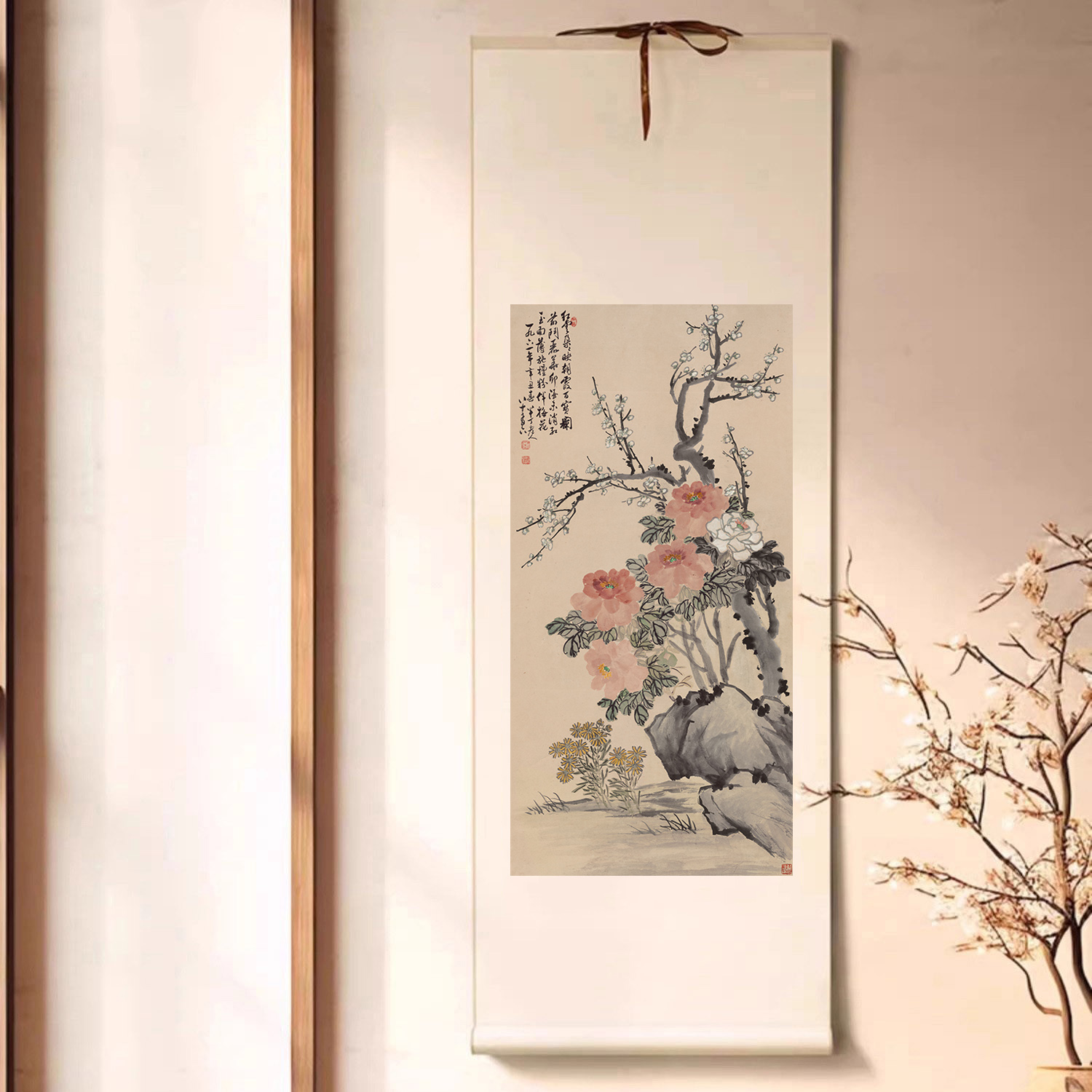 陈半丁牡丹梅花图竖条卷轴挂画客厅背景墙装饰画书房卧室复古壁画图片