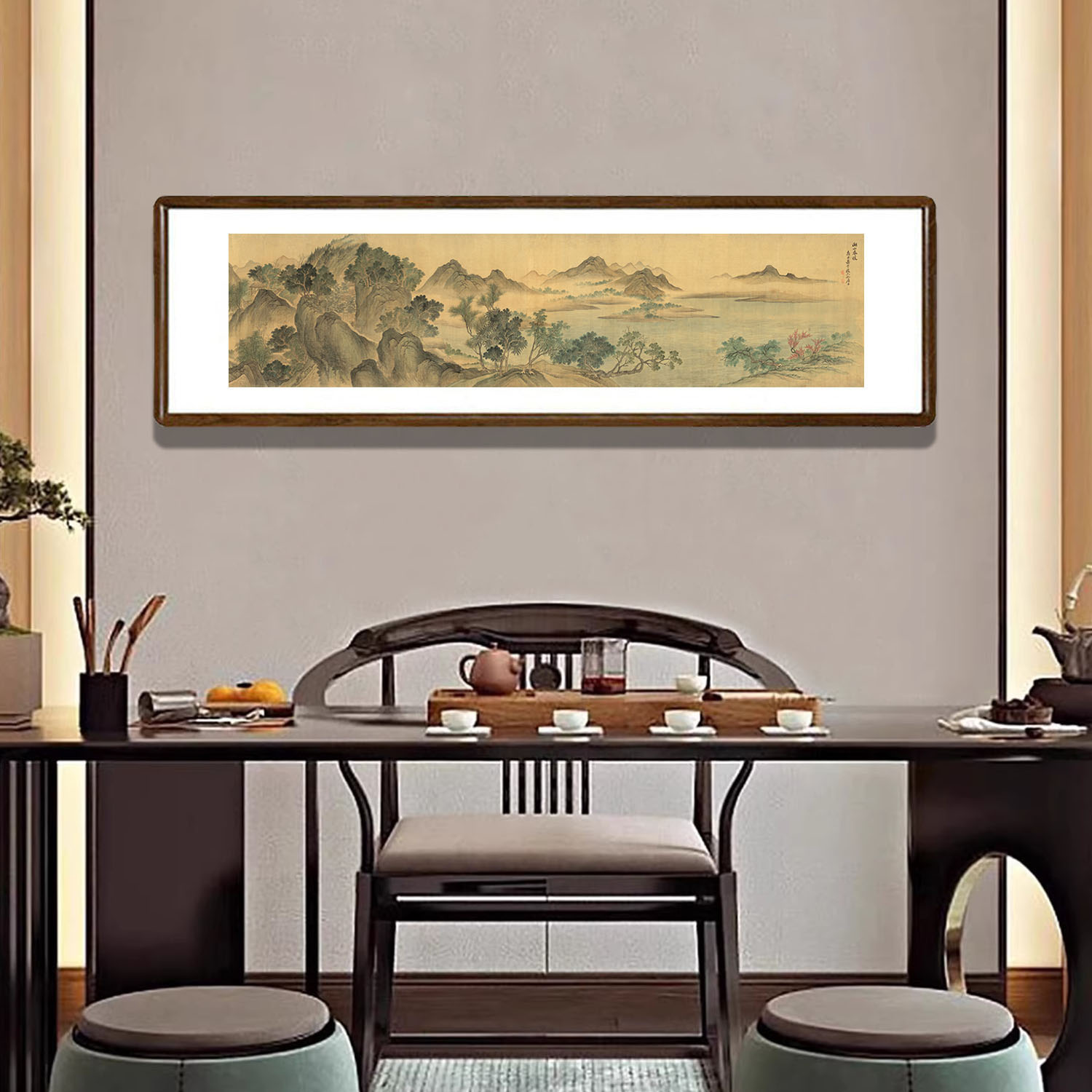 恽寿平国画湖山春暖图水墨山水画新中式客厅装饰画茶室背景墙挂画