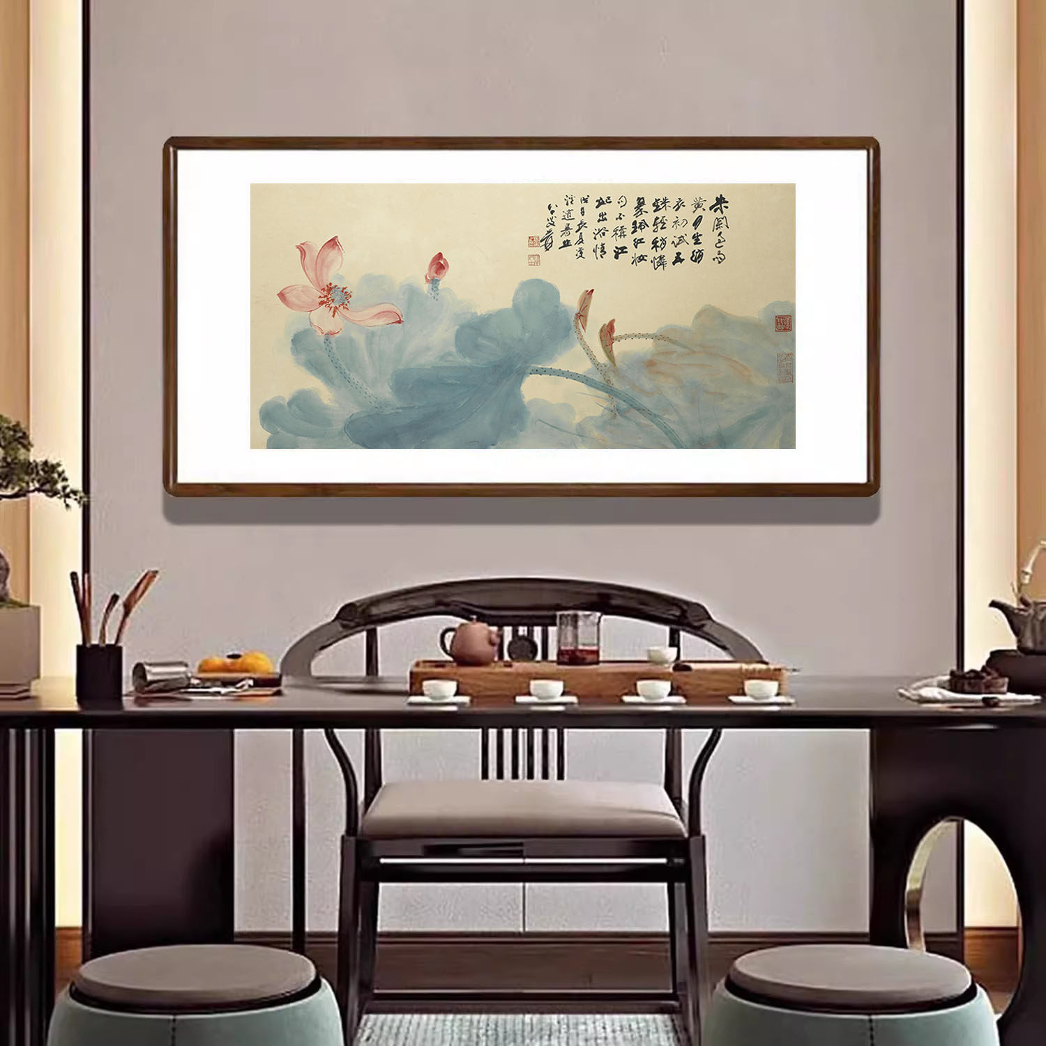 荷花挂画张大千红荷图新中式客厅装饰画茶室餐厅背景墙国画水墨画