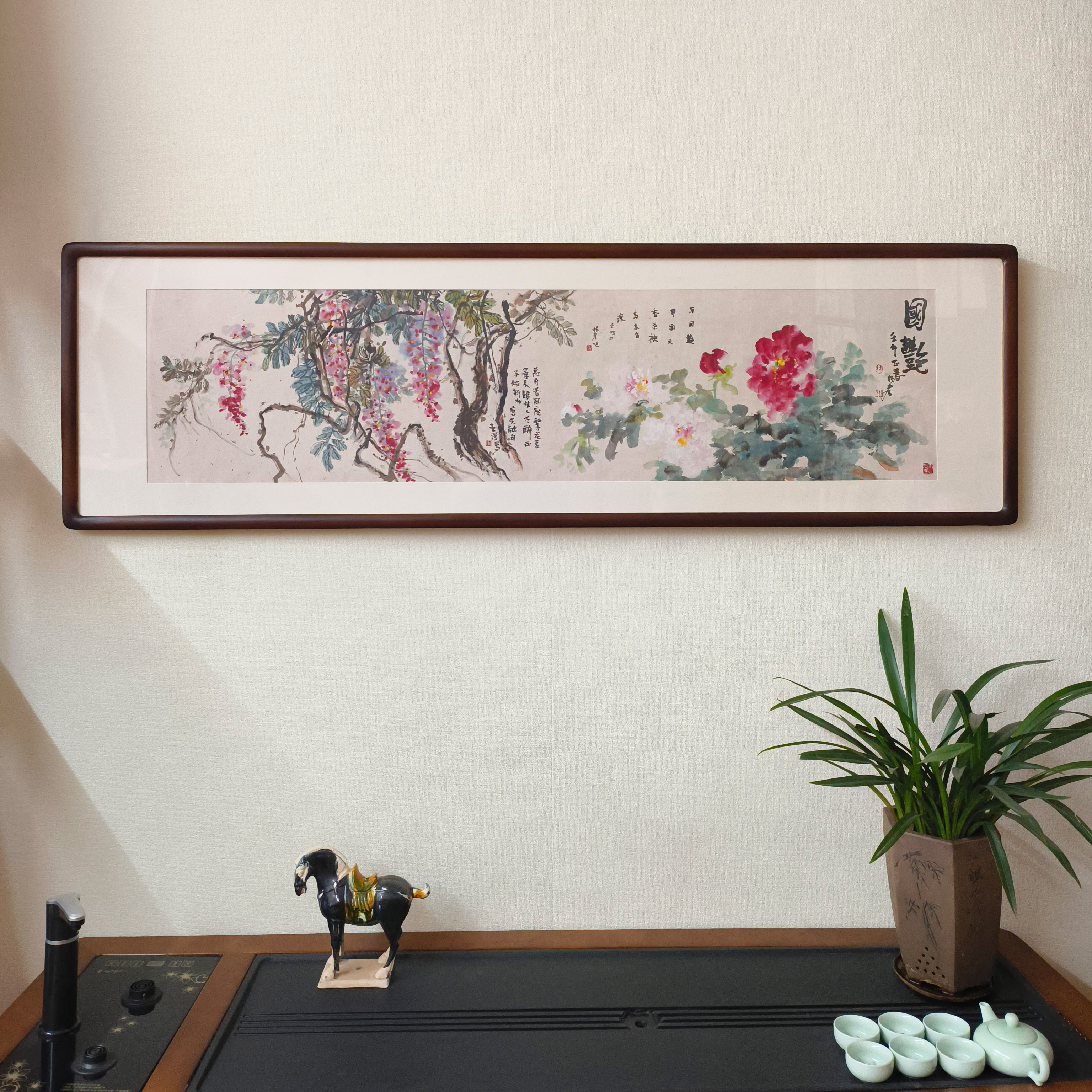 紫藤国画国色天香牡丹花挂画新中式客厅背景墙装饰画书房茶室壁画