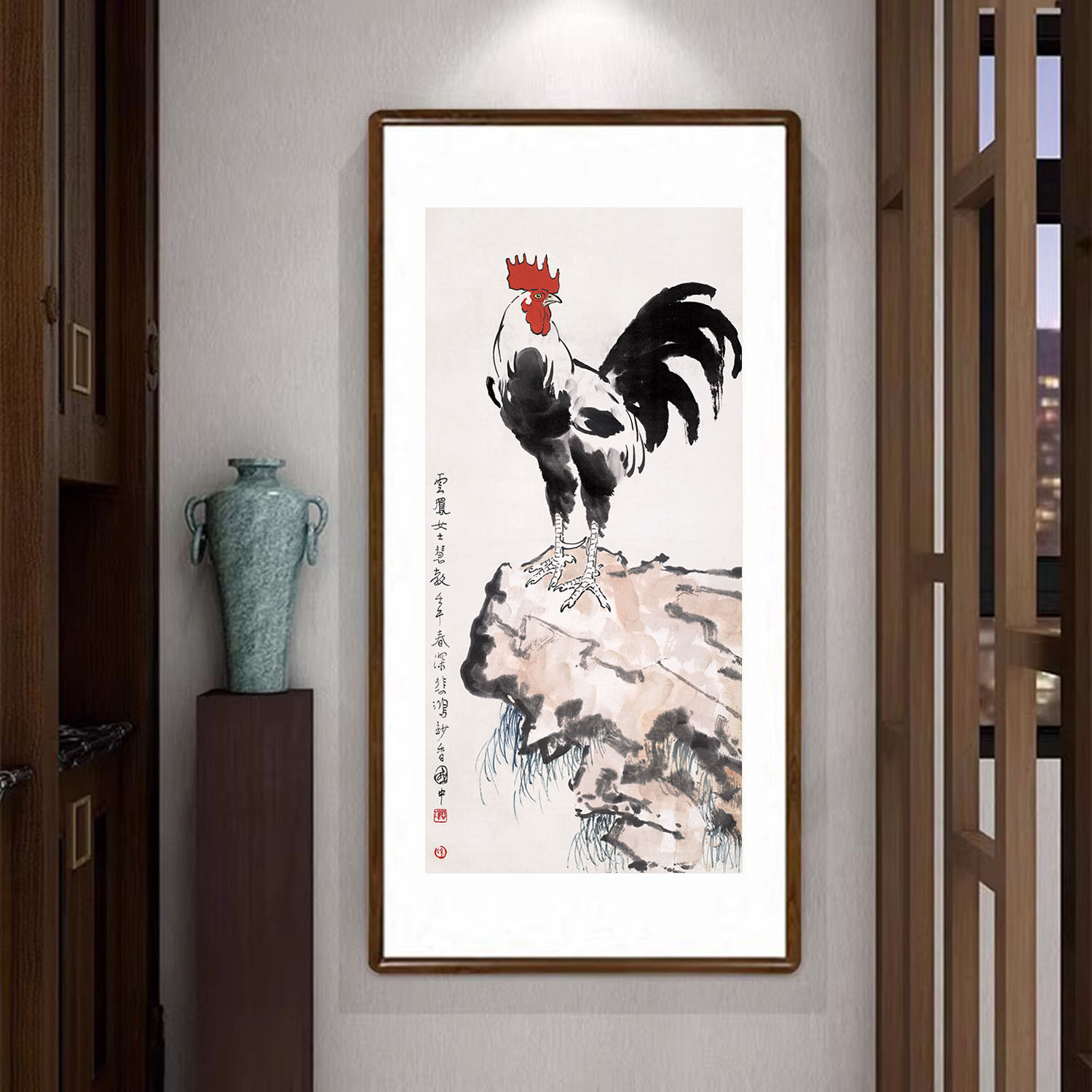 徐悲鸿国画鸡鸣富贵图公鸡挂画新中式客厅玄关装饰画走廊过道壁画图片
