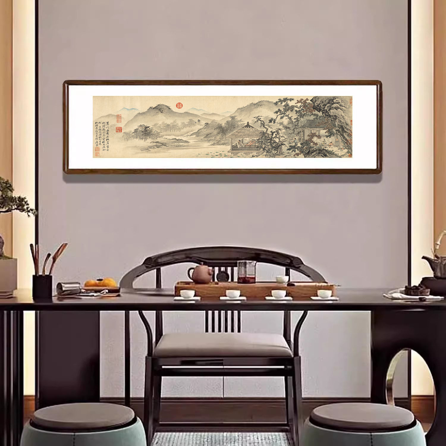 唐寅山水画古代名画新中式客厅装饰画书房茶室沙发背景墙复古壁画