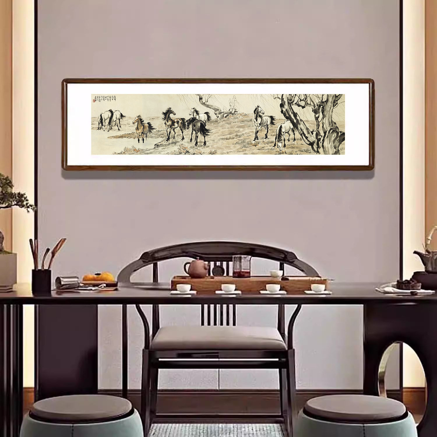 徐悲鸿八骏图国画马挂画有框客厅沙发背景墙装饰画办公室书房字画