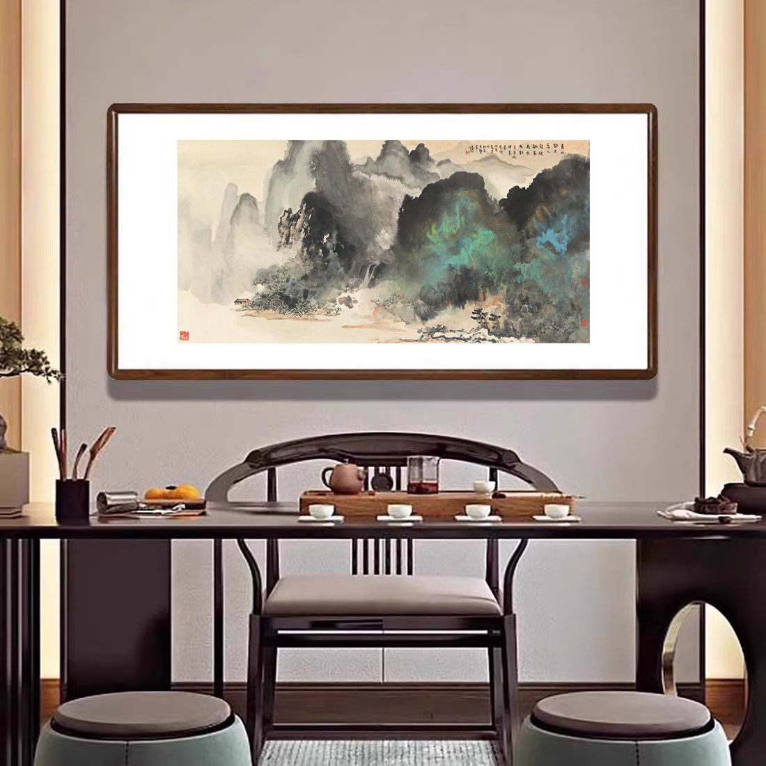 国画泼彩山水画新中式客厅装饰壁画办公室茶室沙发背景墙酒店挂画