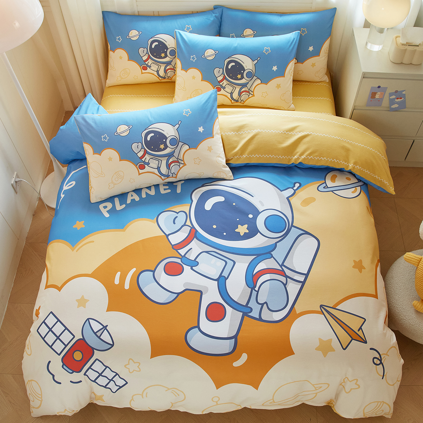 加厚全棉磨毛四件套卡通宇航员冬天纯棉儿童男孩床单三件套1.5米