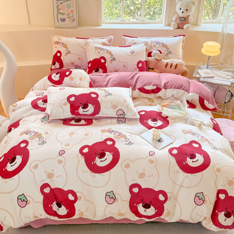 卡通草莓小熊牛奶绒被套单件150x200cm230儿童女孩加绒珊瑚绒被罩