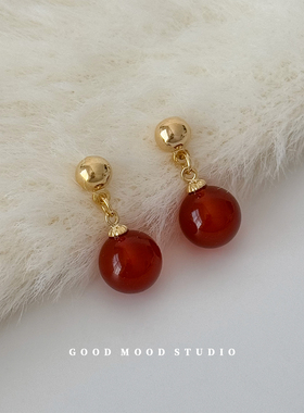 GMS高级感红玛瑙耳坠耳环轻奢新中式气质耳钉暴富喜庆925银针耳饰