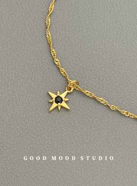 GMS极星 欧美时尚黑色锆石八芒星吊坠项链女小众高级感叠戴毛衣链