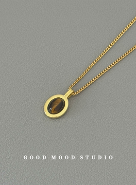 GMS 复古简约虎眼石椭圆吊坠毛衣链女高级感美拉德风项链秋冬叠戴