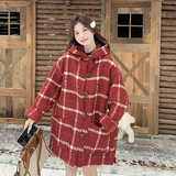 红色格子羽绒服呢大衣女秋冬2025新款连帽韩系流行加厚毛呢外套，女装羽绒服，2C282