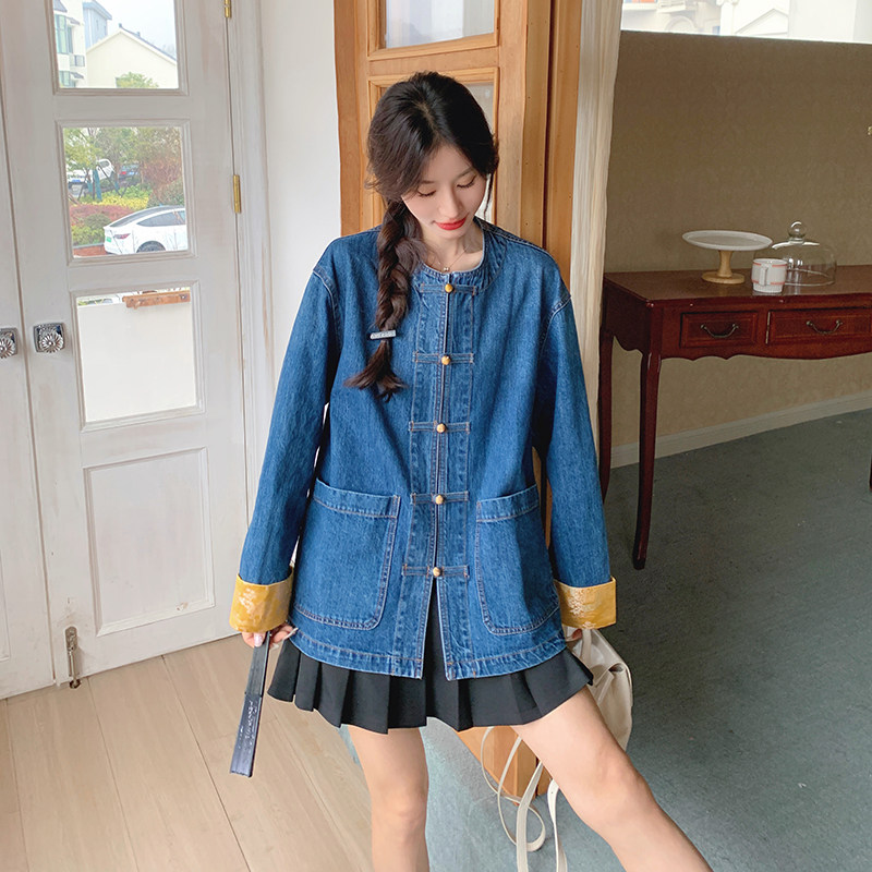 现货新中式盘扣牛仔拼接上衣2C282-810P145K198,女装短外套,2C282