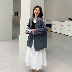 炸街长款百搭休闲常规口袋街头风小个子长袖西装纽扣春秋气质网红图片