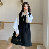 黑色小香风背带裙套装女2025春秋新款小个子白色衬衫显瘦两件套潮，女装套装/套裙，2C282