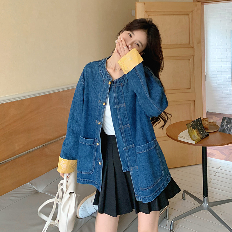 现货新中式盘扣牛仔拼接上衣2C282-810P145K198,女装短外套,2C282
