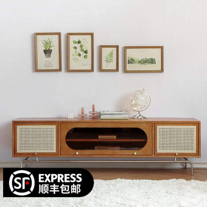 北欧复古藤编电视柜侘寂客厅小户型实木电视机柜组合中古家具