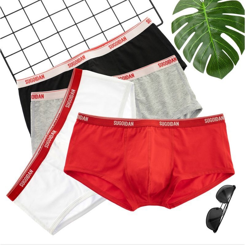 潮男青年运动四角男性感内裤低腰紧身舒适透气平角裤红色棉底裤