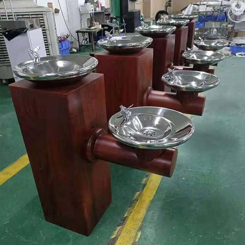 定制直饮水台 户外公共不锈钢高低双盆转印木纹室外景区直饮水台