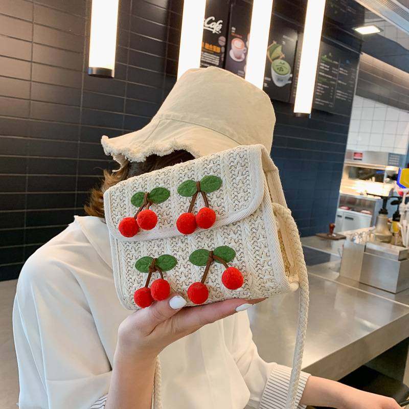 新品 2024春夏季上新日韩风草编小方包樱桃单肩包女包潮时尚一件,箱包皮具/热销女包/男包,小方包,淘宝优惠券,粉丝福利购,淘宝优惠卷