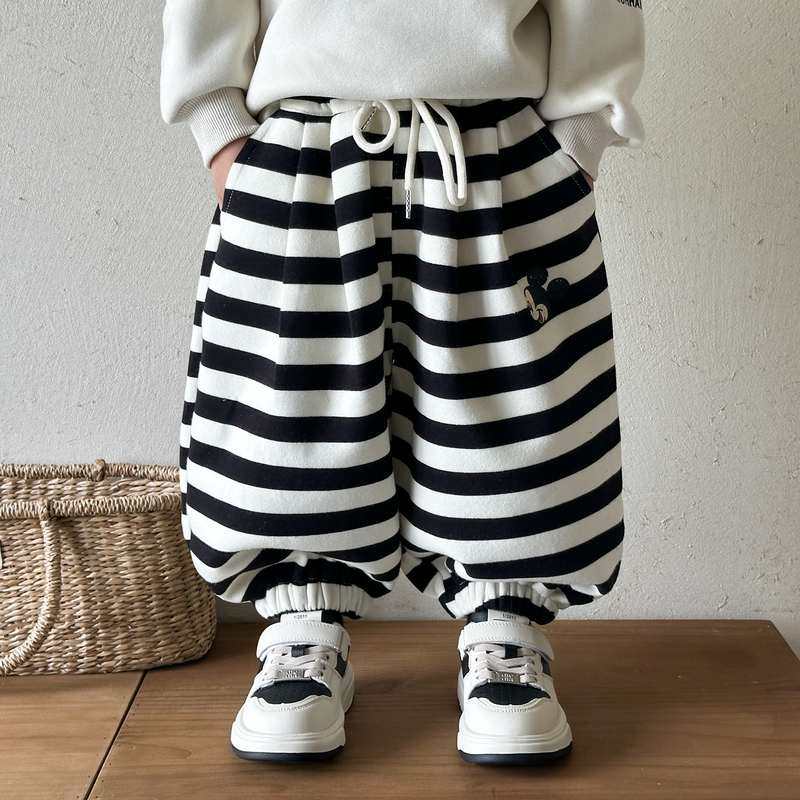 男童裤子加绒条纹宝宝灯笼裤2025新款秋冬季童装宽松儿童哈伦裤潮