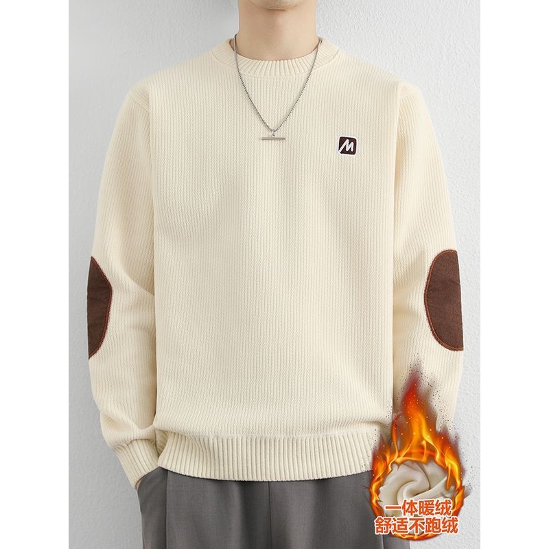 圆领毛衣男秋冬季2025新款加厚一体绒撞色卫衣内搭打底针织衫冬装