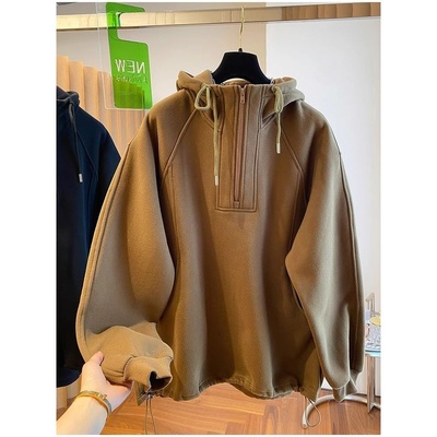 2025秋冬大码宽松半拉链连帽卫衣女加绒加厚设计感胖mm上衣ins潮