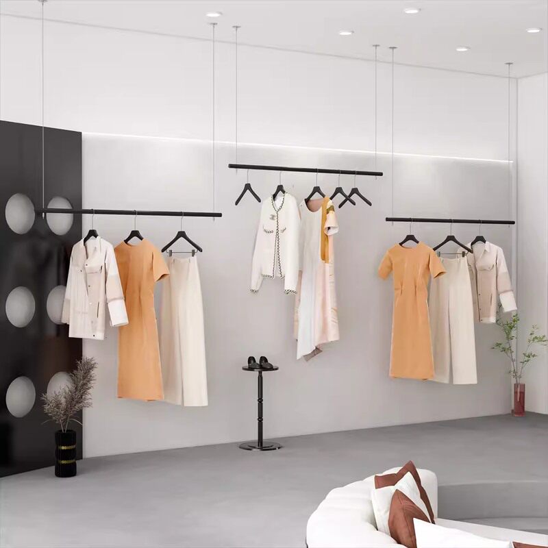 女装店货架服装店展示架上墙陈列架吊顶悬挂钢丝绳吊架黑色挂衣架