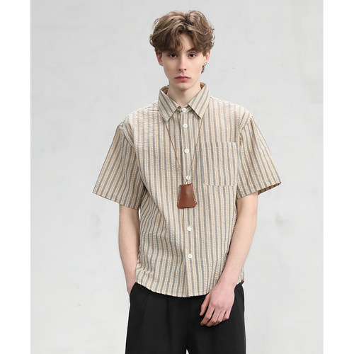 泡泡纱条纹短袖衬衫日系