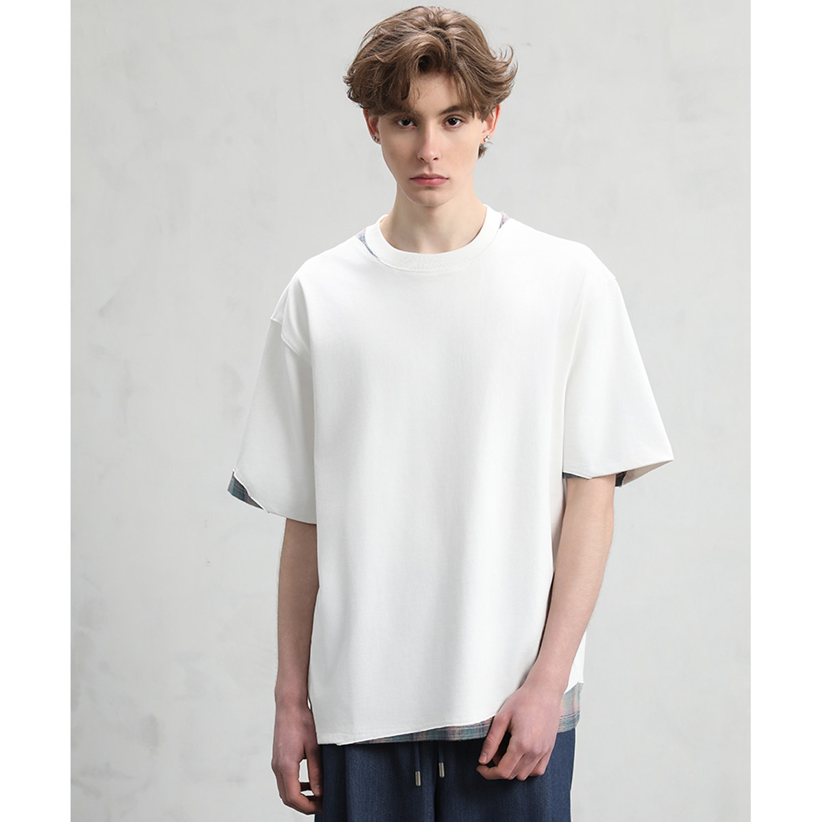 CAKUNTA重磅不规则格纹拼接短袖