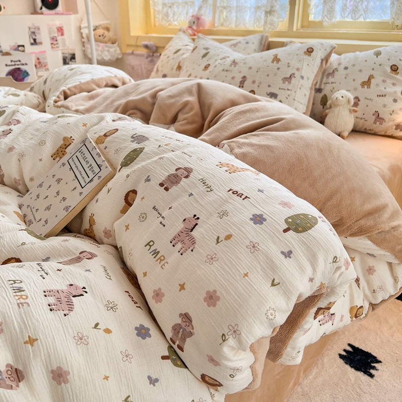 2025新款三层纱牛奶绒四件套小清新儿童床单式冬季A类母婴级dz,床上用品,床品套件/四件套/多件套,淘宝优惠券,粉丝福利购,淘宝优惠卷