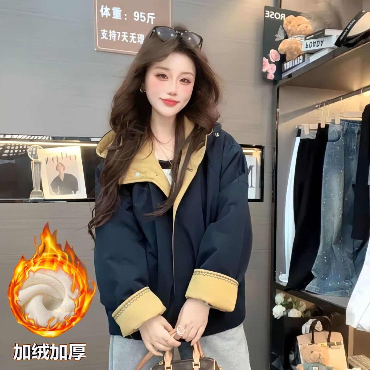 加绒加厚爆款冬装女款2025年新款韩撞色系连帽短款外套夹克棉服