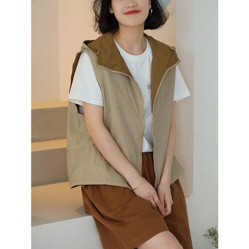 双面穿文艺连帽马甲女春夏季2026新款百搭无袖马夹宽松大码开衫