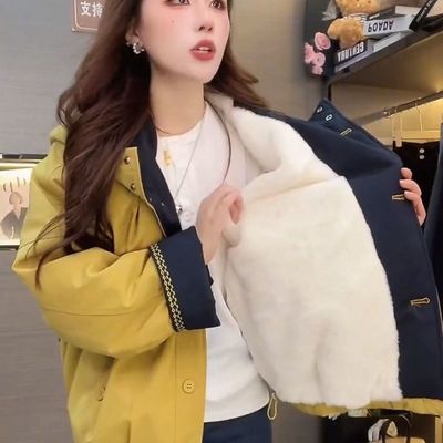 加绒加厚爆款冬装女款2025年新款韩撞色系连帽短款外套夹克棉服