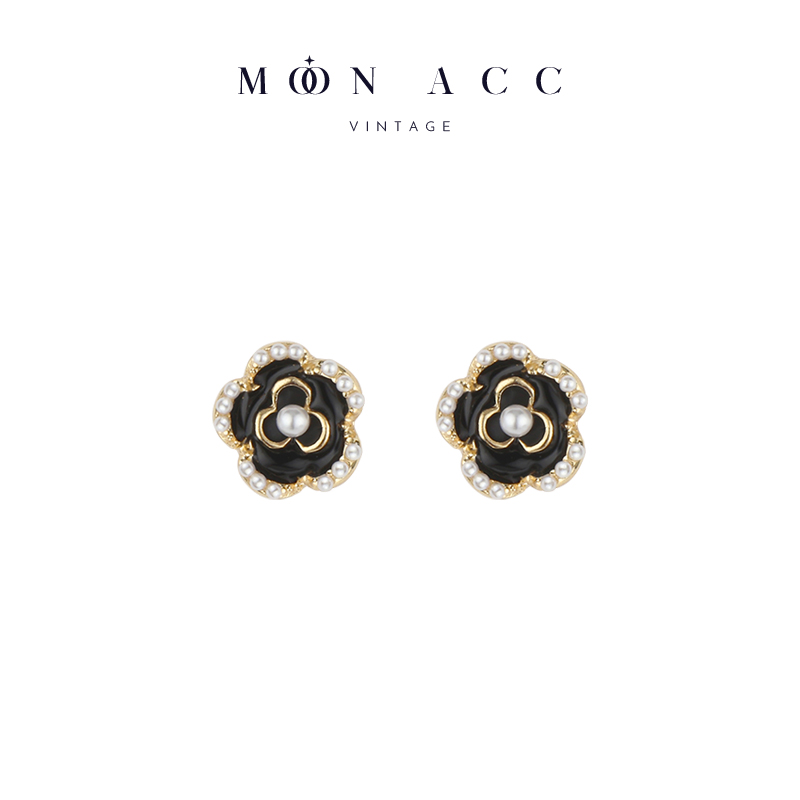 Moon Acc/韩国镀金黑玫瑰镶嵌耳钉高级感气质通勤精致耳饰耳夹女